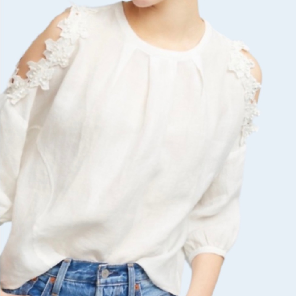 ERI + ALI Anthropologie White Cold Shoulder Linen Blouse Top Petite Small
